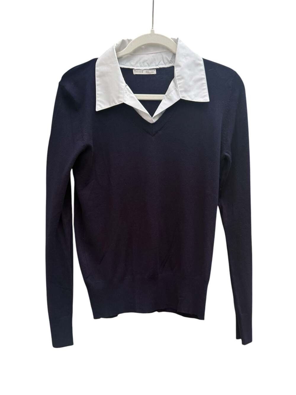 Becool Navy V-Neck Sweater with White Collared Layered Detail